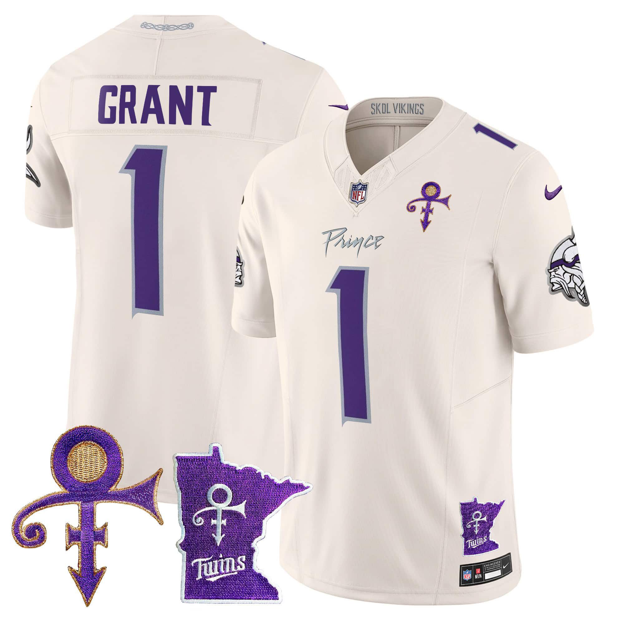 Men Minnesota Vikings 1 Grant Cream 2024 Nike Prince Vapor Limited NFL Jersey